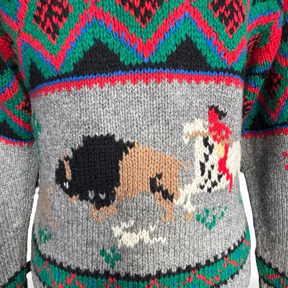 Vintage Skyr Knit Shetland Wool Sweater Native Art Buffalo Horse Rider Teepees - Picture 6 of 13